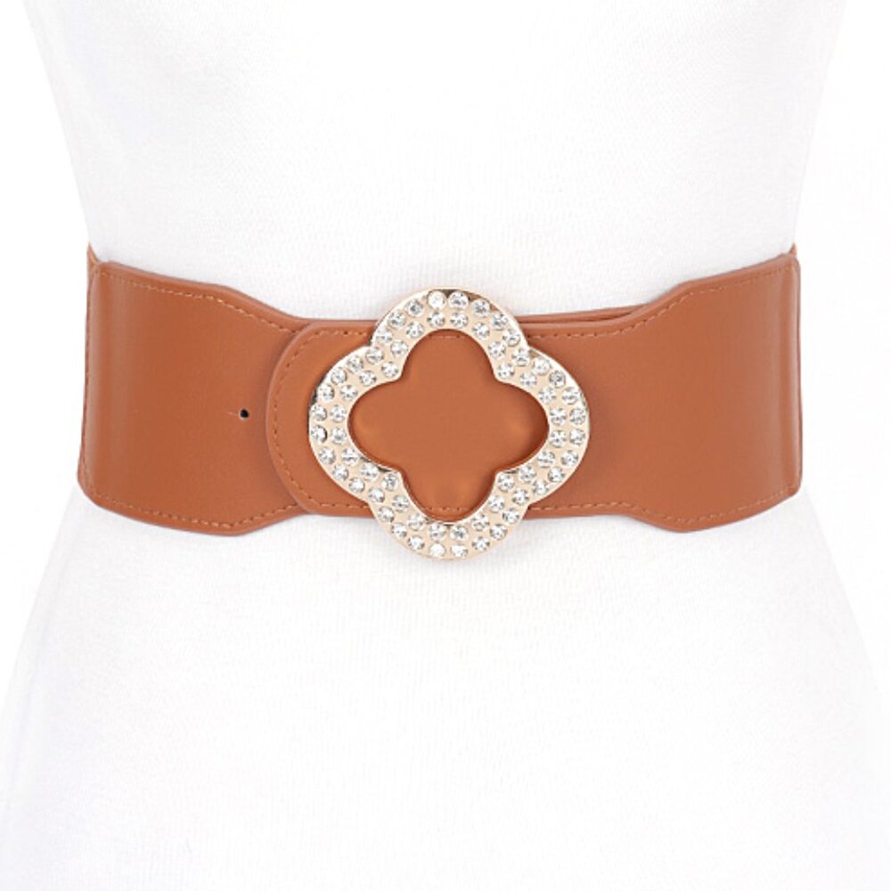 BNWT Brand New Crystal Clover Buckle Elastic Wide Belt Fashion Stretch Belt
